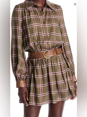 Ramy Brook Olive Plaid Mini Dress with Brown Leather Belt